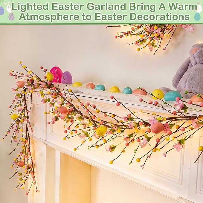 6 Ft Easter Garland with Lights Timer Easter Decorations, Artificial Easter Egg Garland Berried Pink Flower Spring Garland Battery Operated for Home Table Mantle Fireplace Holiday Decor Indoor Outdoor
