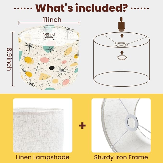 Drum Lamp Shade Atomic Starbursts Mid Century Modern Sputnik Palm Springs Abstract Lampshade for Floor Lamps Table Lamps Pendant Light 8.9"x11" Linen Lampshades Replacement Large Lamp Shade