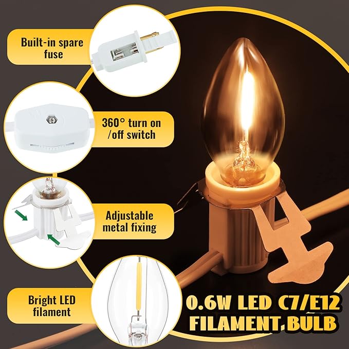 2 Pack Accessory Cord with 6 LED Light Bulb and Female Plug, 13.12ft C7 Lamp Village Cord with Fuse Wire, UL-588 Blow Mold Light for Halloween Pumpkin Christmas Village House Craft Decor