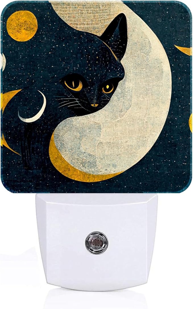 Black Cat Moon Night Light,Plug Into Wall for Boys Girls Bedroom Decorative Square Night Light Lamp 0.5w Sleep Friendly