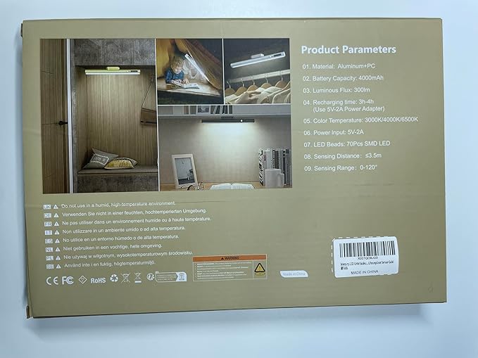 Battery Powered Operated Wall Strip Lights, Motion Sensor LED Light Bar Indoor, Rechargeable Magnetic Under Cabinet Lighting Wireless with Remote Control for Picture Closet Room – Gold