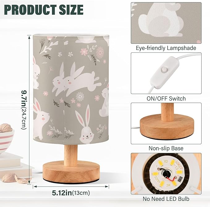 Table Lamp Easter Bunnies Rabbit Floral Nightstand Lamp with Wood Base Fabric Lamp Shade Bedside Desk Lamp for Living Room Bedroom Kids Room Office