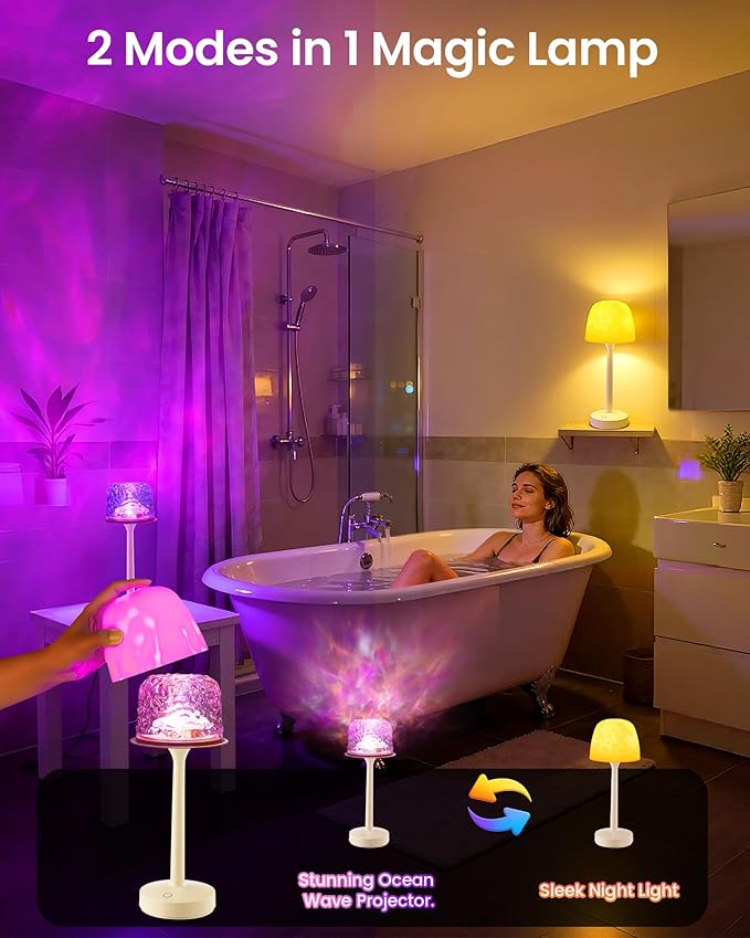 Waterproof Shower Lamp with Ocean Wave Projector for Bathroom, Cordless Rechargeable Bath Light with 16 Color Changing,Table Lamp with Soft 360˚Glow for Bathtub, Night Shower & Relaxing Dating
