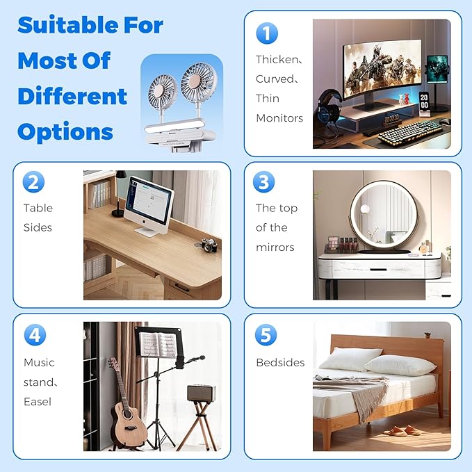 Reading Stand Lamp Space-Saving Clip Fan Light, USB-Powered Cooling 3D Fan with LED Light Bar, Personal Climate Management for Monitor/Laptop/Flat/Bedside/Bookshelf/Music Stand (Glacier Silver)