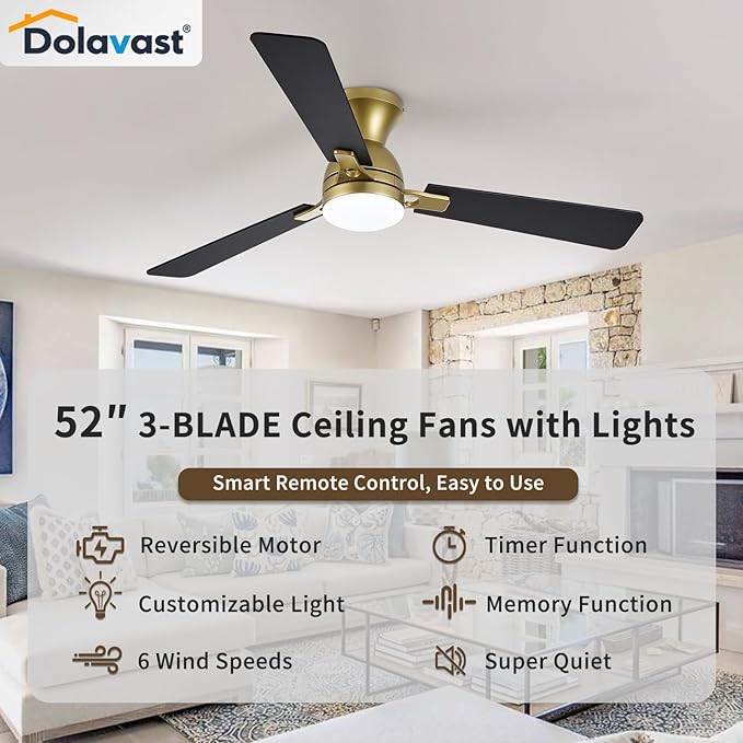 Ceiling Fans with Lights and Remote, 52 Inch Ceiling Fan with Light, Low Profile Reversible Ceiling Fans, Dimmable LED, Flush Mount, Quiet, DC Motor, Gold Ceiling Fan for Bedroom, Kitchen