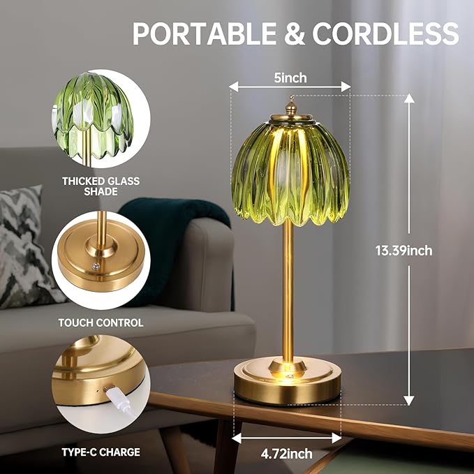 Set of 2 Tulip Table Lamp with 5000mAh Battery & Touch Control, Cordless Table Lamp with 3 Colors, Dimmable Rechargeable Table Lamps for Bedroom, Living Room, Entryways (Green Tulip)