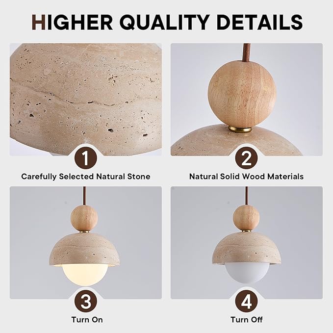 Natural Stone Pendant Light, Wabi Sabi Travertine & Wood Hanging Lamp for Kitchen Island, Hallway, Bedroom, Dining Room Ceiling Decor (G9 Bulb, 5.9 in Stone Round, 1pcs)