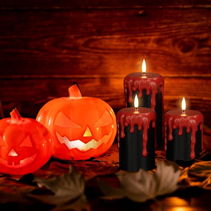 DRomance Battery Operated Flameless Candles with 6H Timer, Blood Dripping Wax Effect Black LED Pillar Candles 3D Wick Flickering Spooky Halloween Indoor Decoration Light(3 Pack, 3 x 4,5,6 Inches)