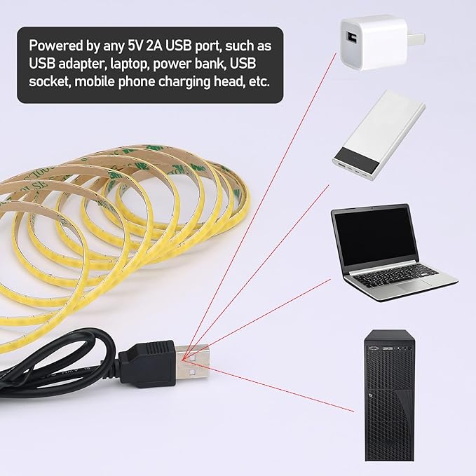 GOMING 5V COB USB LED Strip Light Natural White 4000K 5mm Width USB Powered 13.12ft/4M 400LEDs/M Flexible High Brightness IP20 Not Waterproof LED Tape Lights for DIY Decoration Lighting(2pcs x 6.6ft)