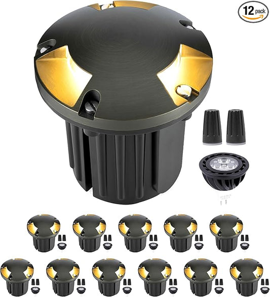 Gardenreet Landscape Low Voltage Well Light - Brass LED Electric 12V in-Grade Lighting, Replaceable Bulb Wired Fixture, Antique Bronze for Patio Pathway Yard with 5000K Daylight White MR16 Bulb