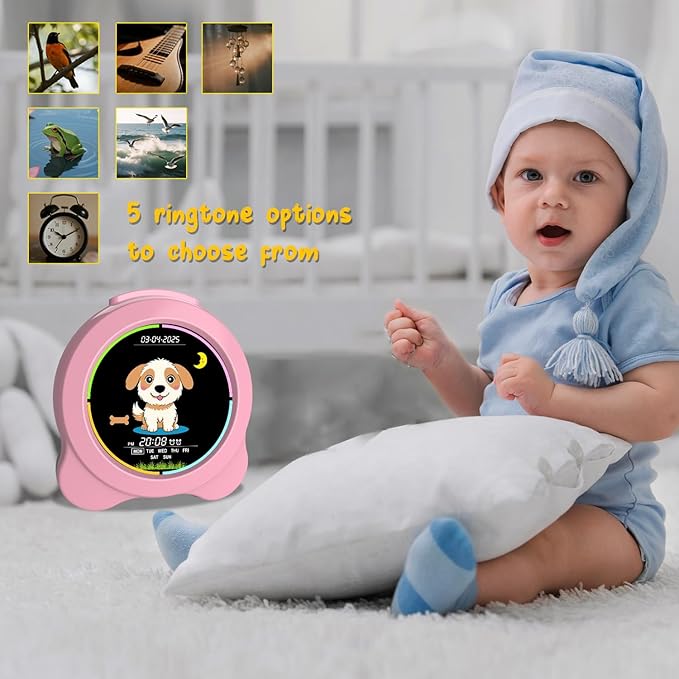 Kids Alarm Clock Sun & Moon& Dog LED Display with Day & Date OK to Wake Clock with Night Light for Kids Children's Sleep Trainer Gift for Boy and Girls