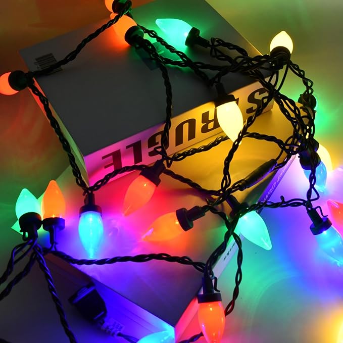 100 LED C7 Multicolor Christmas Lights Battery Operated with 8 Mode Remote Control, 2 Sets 27.5FT Colorful Christmas Tree Lights with 2 * 50pcs Twinkle C7 Light Bulbs for Home Porch Yard Decorations