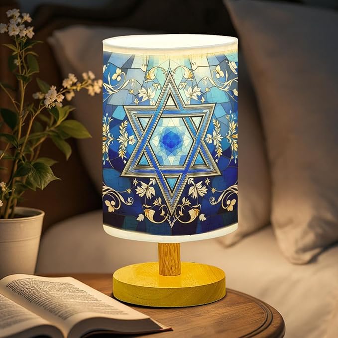 Star of David Table Lamp LED 3-Color Pressed Bedside, Star of David Shade Lamp with Wood Base for Bedroom Living Room Desk Office TL01