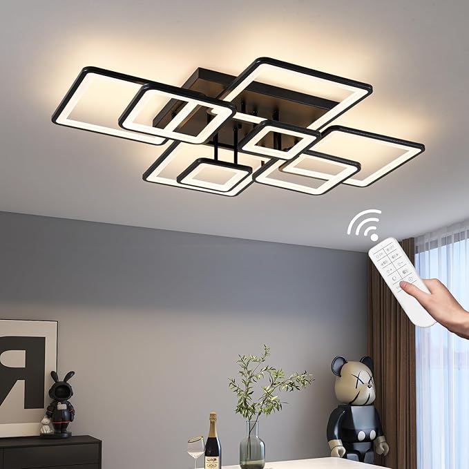 Modern LED Ceiling Light, Dimmable LED Chandelier Black Flush Mount Ceiling Lights, Remote Control Acrylic Ring Ceiling Lamp Fixture for Living Room Dining Room Bedroom, 8H-FANG-BL-04