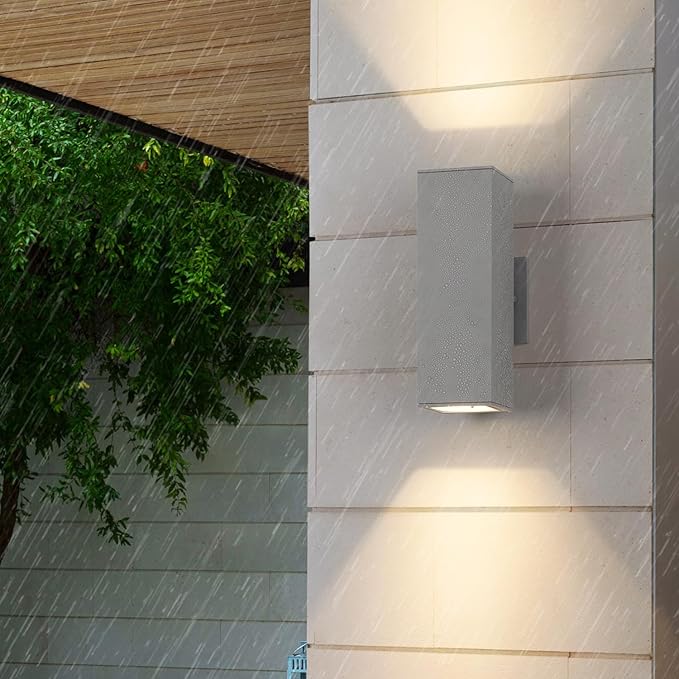 mirrea Modern Outdoor Porch Light Patio Light in 2 Lights with Aluminum Rectangular Tube and Tempered Glass Cover Waterproof Wall Sconce 2 Pack (Matte Gray)