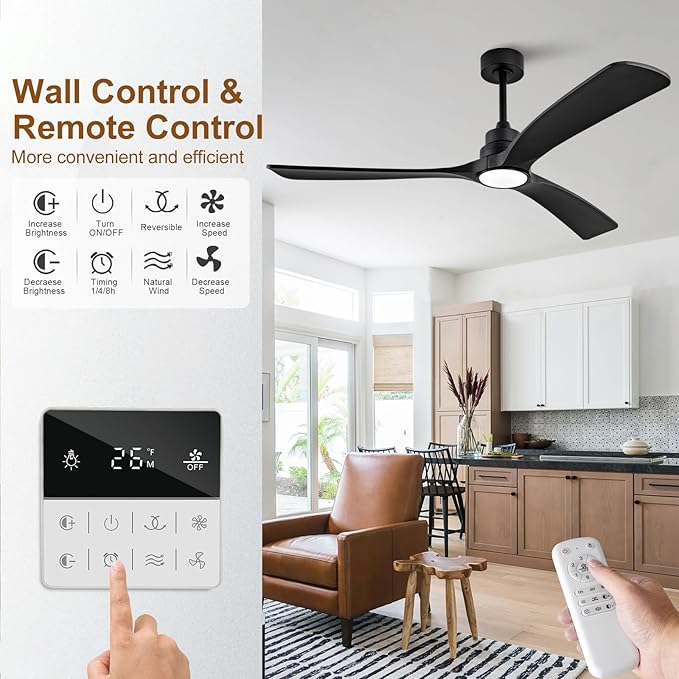 Ceiling Fan with Light,60 inch Solid Wood Ceiling Fan with Remote Control,Wall Switch,Dimmable,Reversible Quiet DC Motor,Power Off Memory Indoor Outdoor Ceiling Fans for Bedroom Patio