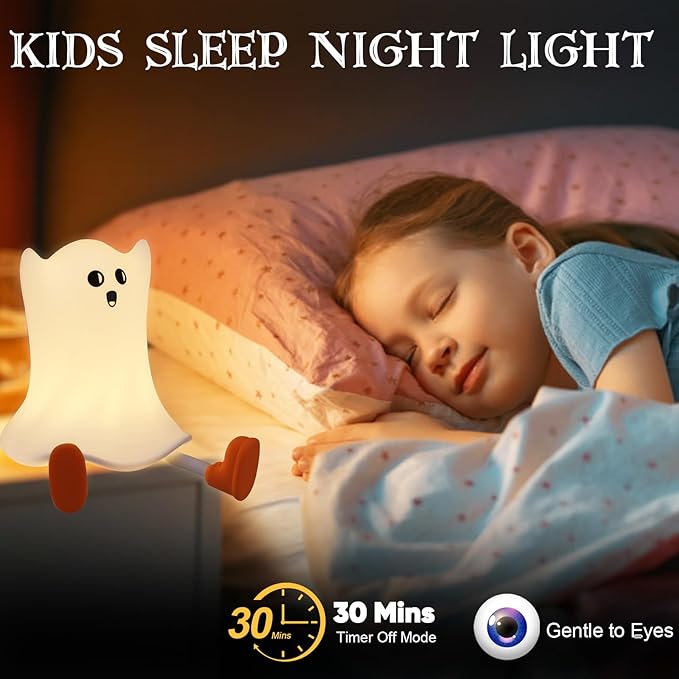 Ghost Night Light Silicone Cute Halloween Ghost Decor Night Light for Breastfeeding Squishy Ghost Nightlight Cordless Rechargeable Dimmable Touch Fun Bedside Light Lamp for Halloween Gifts