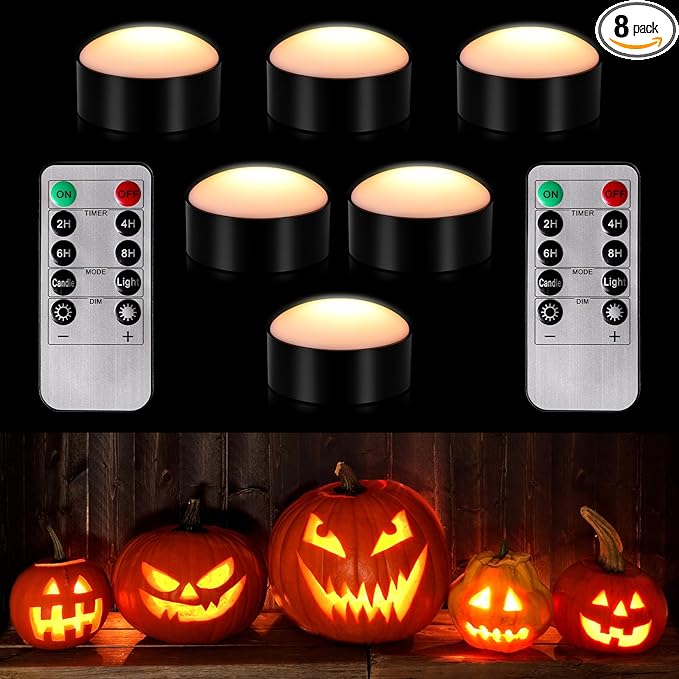 Riakrum 6 Pieces Remote Timer LED Lights with Remote LED Pumpkin Lights Battery Operated Lantern Bright Flameless Candle(Black,Warm Light)