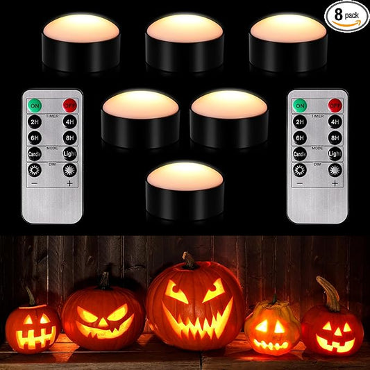 Riakrum 6 Pieces Remote Timer LED Lights with Remote LED Pumpkin Lights Battery Operated Lantern Bright Flameless Candle(Black,Warm Light)