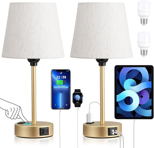 Acaxin Lamp for bedrooms Set of 2 - Nightstand Bedroom Lamp with USB C Port and AC Outlet Charging, 3 Way Dimmable Touch Control Bed Side Table Lamp, Small Night Stand Light for Kids/Guest Room