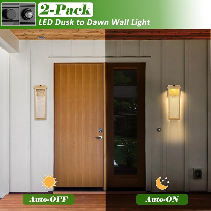 16" Dusk to Dawn LED Outdoor Light 2 Packs, Gold Outside Porch Lights Wall Mount, Large Exterior Lighting Fixtures with Rippled Glass, Waterproof Modern Wall Lantern for House, Patio