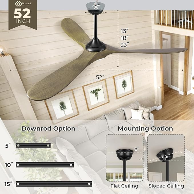 52 Ceiling Fans with Lights and Remote Control, Outdoor Ceiling Fan with Lights High CFM Quiet 3 Blade Wood Walnut Ceiling Fan, Bronze Gray