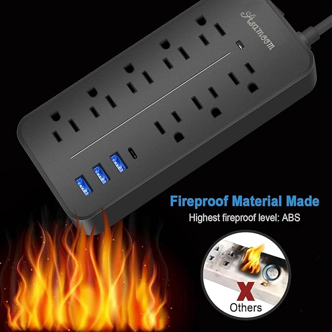 10FT Surge Protector Power Strip Extension Cord, Asamoom ETL Listed Flat Plug Power Strip with Long Cord, 8 Outlets and 3 USB A & 1 USB-C Port, 1700J Wall Mount Desk Black
