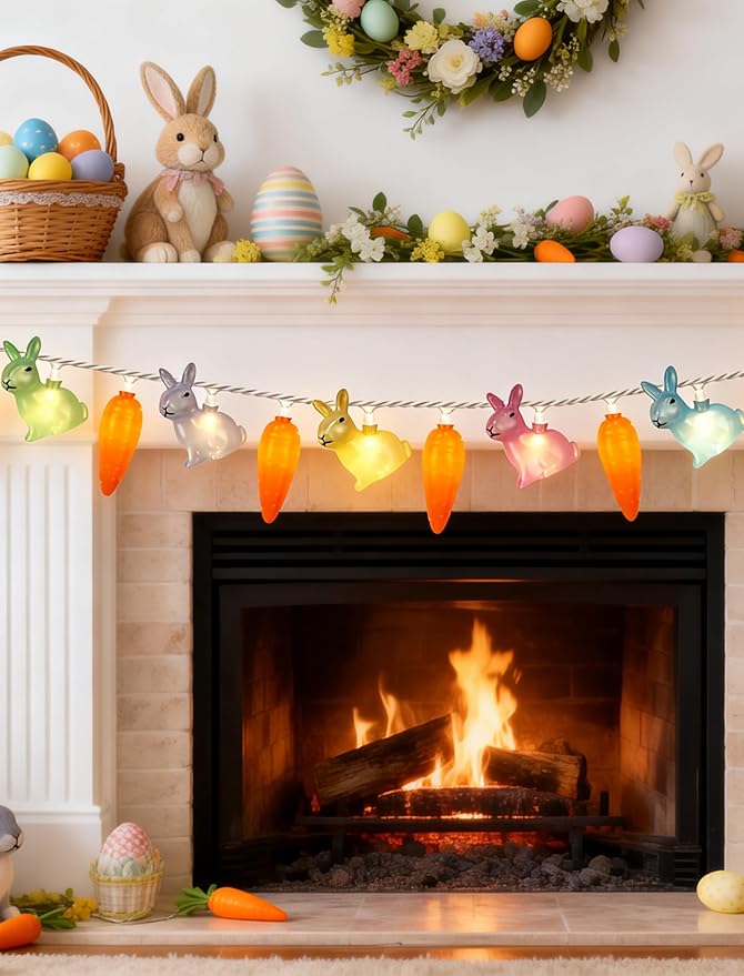 12Ft Easter String Lights Plug in - 20 LED 3D Pastel Bunny & Carrot Fairy Lights, Connectable & Waterproof Spring Decor for Indoor Outdoor Home, Mantel, Bedroom, Party, Garden (White Wire)