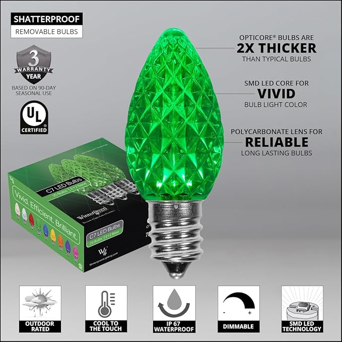 Wintergreen Lighting 25 C7 OptiCore Commercial Green Christmas Lights - Heavy Duty LED Bulbs for St Patrick's Day, Holiday, Party; 18 Gauge Green Wire (25 ft)