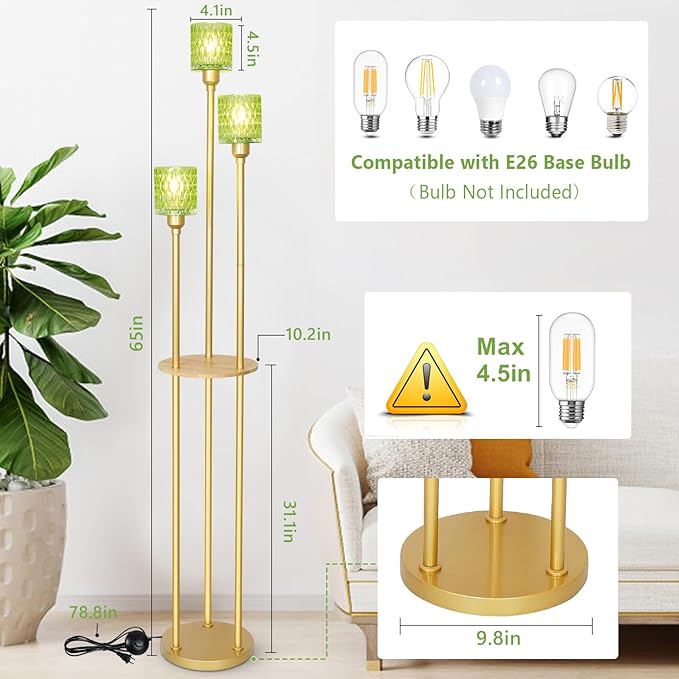 HMVPL Vintage Floor Lamp with Shelves, Gold Floor Lamp with Table, Mid Century Standing Lamp with Green Glass Shade, On/Off Switch, Boho Corner Lamp for Living Room, Brass Tall Lamp for Bedroom Office