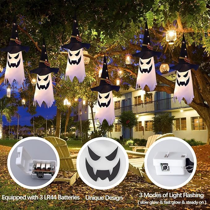 32 inches Giant Halloween Decorations Large Outdoor Decor Hanging Lighted Glowing Ghost Witch Hat Indoor Outside Ornaments Clearance Party Lights String for Yard Tree Garden(3Pcs)