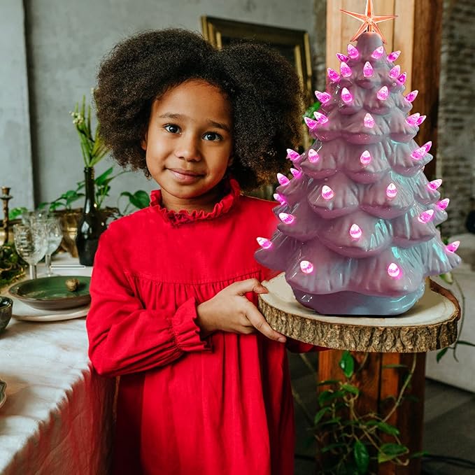Ceramic Christmas Tree Replacement Lights Bulbs, Pink Medium Twist Plastics Pegs Ornaments for Ceramic Tree(87 Bulbs＆ 3 Topper Star)
