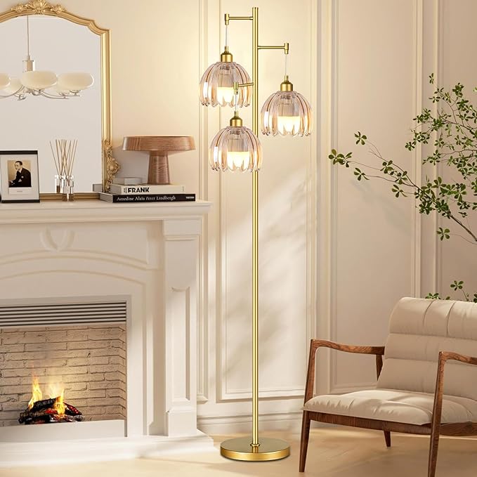 Gold Floor Lamps for Living Room Vintage Floor Lamp with Glass Lmapshape & Three Led Bulb,Glass Floor Lamps Brass Mid Century Modern Standing Lamp Tall Tree Flower Floor Lamp for Bedroom,Office,Corner