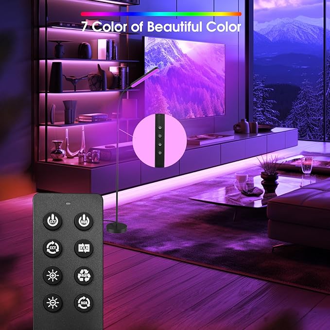 Floor Lamps, RGB Color Changing Dimmer Bright LED Floor Lamp with Stepless Adjustable 3000K-6000K, Smart Remote Control Modern Standing Floor Lamp for Bedroom, Reading, Gaming Room