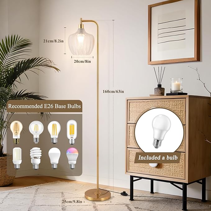 Gold Floor Lamp for Living Room, Modern Standing Lamp with Remote, Dimmable Clear Glass Tall Lamp, Mid Century Vintage Floor Lamps for Bedroom, Study Room (Clear)