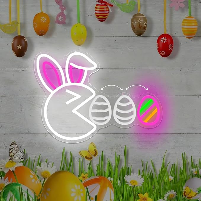 Easter Neon Sign for Wall Decor Bunny Led Sign Cute Rabbit Neon Light Easter Decorations Dimmable Funny Egg Light Up Sign for Window Spring Bar Living Room Home Holiday Bedroom Party Gifts