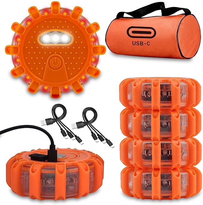 USB-C Rechargeable LED Road Flares Emergency Lights-Large Capacity (Lithium Battery) 3 in 1 Cable Roadside Warning Car Safety Beacon Flashing Disc Kit with Magnetic Base for Vehicles