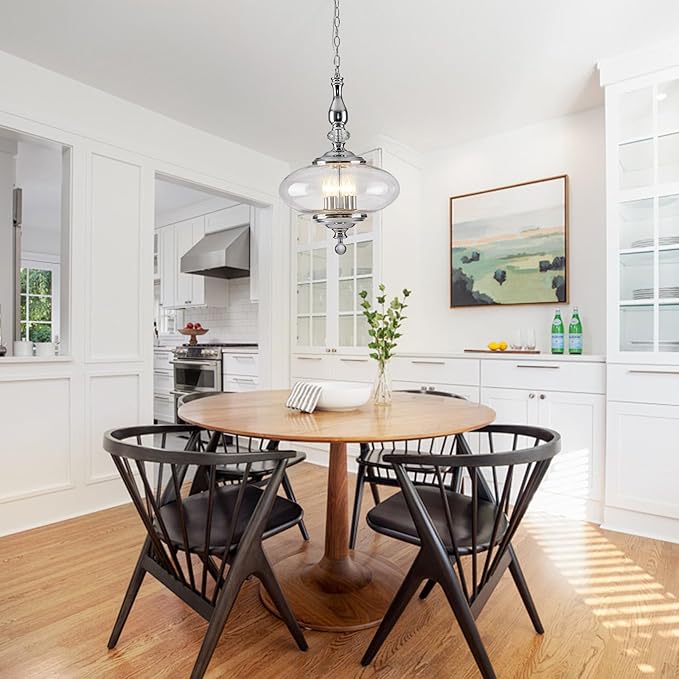 5 Light Chrome Chandelier Modern Glass Large Pendant Light H 27.5" x W 15.7" for Kitchen Island, Dining Room, Stairwells, Hallway. E12 Bulb