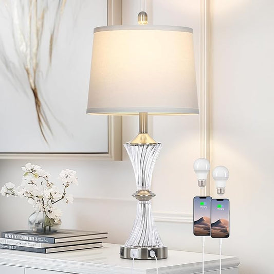 Crystal Glass Table Lamp with USB C+A Ports & AC Outlet,White Clear Modern Bedroom Lamp,Silver Lamp for Living Room,Nightstand Lamp LED Bulbs Included,Single Silver