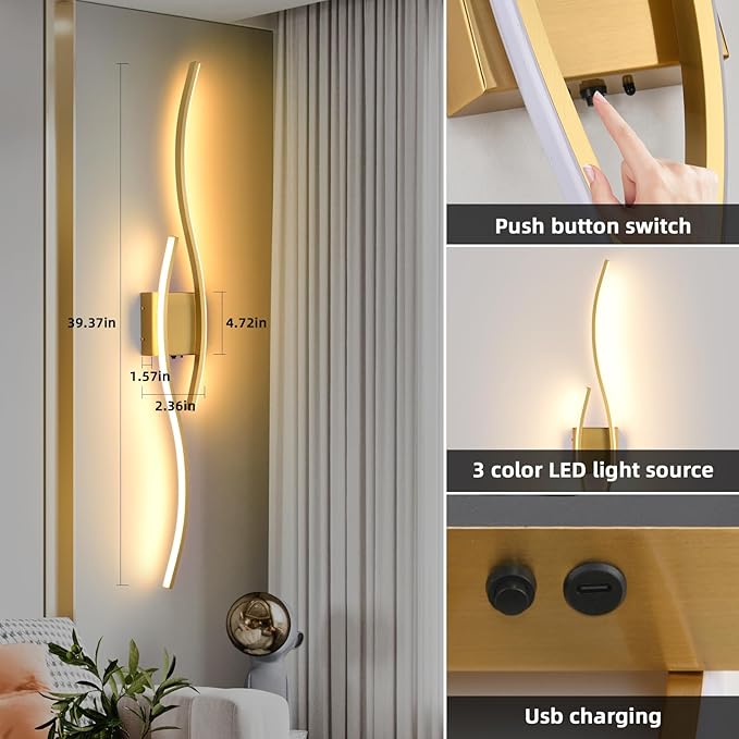 Battery Powered Wall Sconces Set of 2, Gold 39" LED Dimmable Wall Sconce with Remote Control/Timer/Memory, USB Rechargeable Wall Lights for Living Room, Bedroom, Hallway Wireless scones Lighting