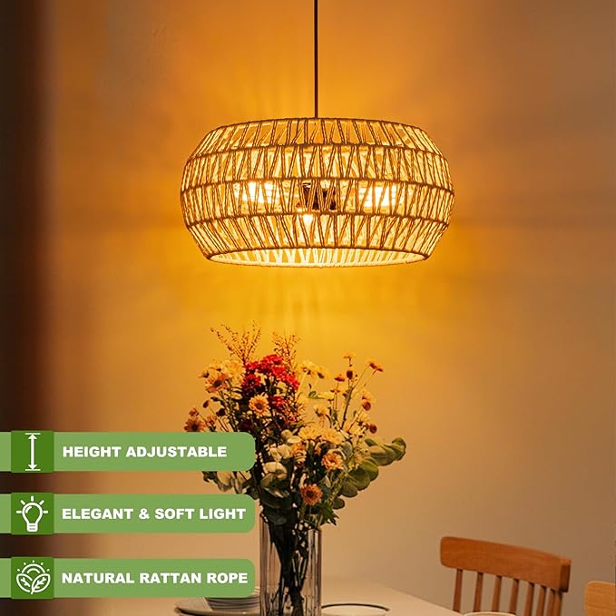 Boho Pendant Light,Dinning Room Light Fixture Rattan Chandelier Cream White Hanging Light Ceiling Mount Hand Woven Lamp Shade Bohemian Drum Chandelier Basket Light for Bedroom Kitchen Island Hallway