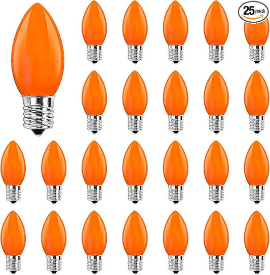 Abeja 25 Pack C9 Halloween Replacement Light Bulbs, Orange Ceramic Christmas Lights for Halloween Outdoor Patio Indoor Xmas String Lights, C9/E12 Candelabra Base, 7 Watt, Orange