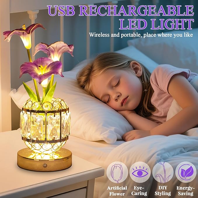Flower Table Lamp, 3-Color Dimmable Artificial Flowers Night Light, Rechargeable Cordless Small Desk Lamp, Morning Glory with Crystal Vase for Party Date Home Decoration (Purple - Morning Glory)