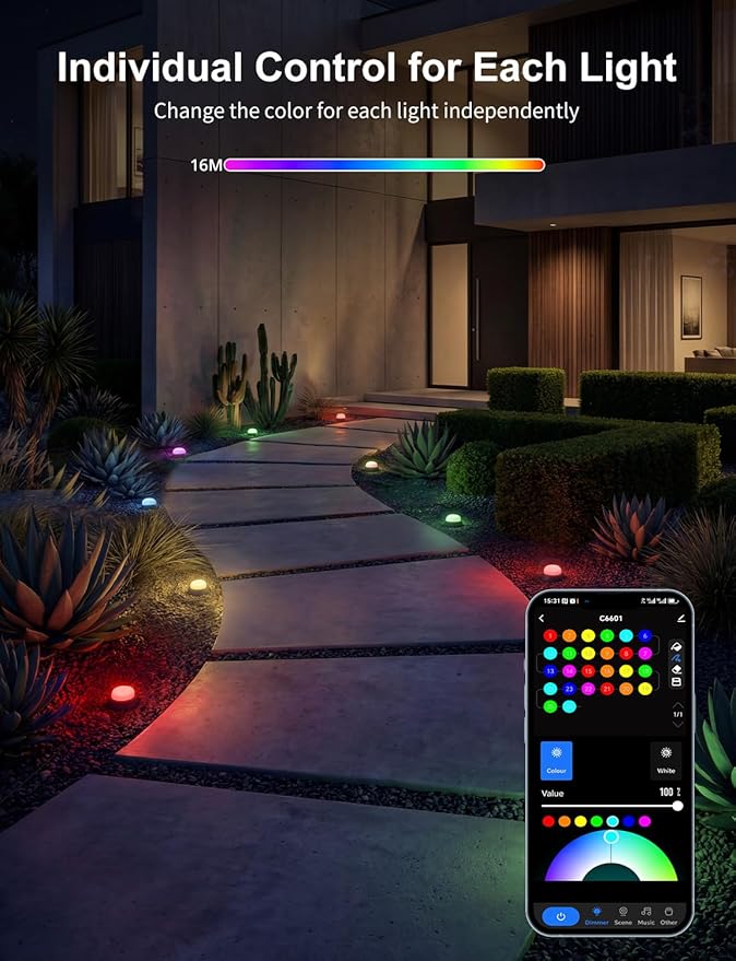 APPECK Smart Outdoor Ground Lights 15 Pack, 32FT RGBW Color Changing Pathway Lights Wired, IP65 Waterproof Landscape Lighting, for Path Yard Lawn Patio Holiday Party Decor, with App & Alexa Control