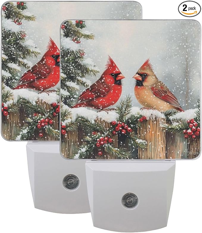Christmas Winter Red Birds Night Light 2 Pack Dusk to Dawn Sensor Led Lamp for Women Men Night Lights Plug into Wall Decor for Bedroom Kitchen Bathroom Corridor, 0.5W
