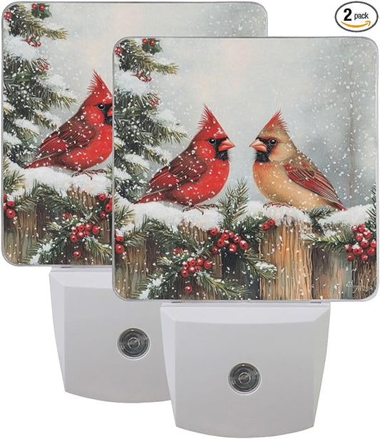 Christmas Winter Red Birds Night Light 2 Pack Dusk to Dawn Sensor Led Lamp for Women Men Night Lights Plug into Wall Decor for Bedroom Kitchen Bathroom Corridor, 0.5W
