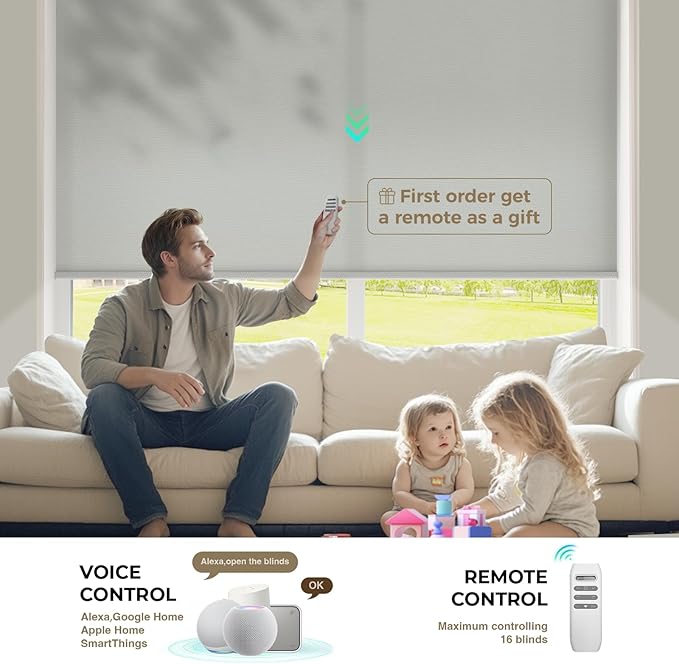 HeyBlinds Motorized Roller Shades, Smart Blinds for Windows, Remote Automatic Window Shades, Electric Shades, Light Filtering, Compatible with Alexa Google Apple Home (Simply-Light Gray LF)