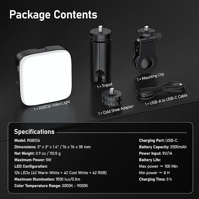 CYNOVA Magnetic RGB Video Light with Mini Desktop Tripod, Portable LED Camera Light 3000–9000K, 126 LEDs, Rechargeable Mini Panel for Vlogging, Live Streaming, Photography
