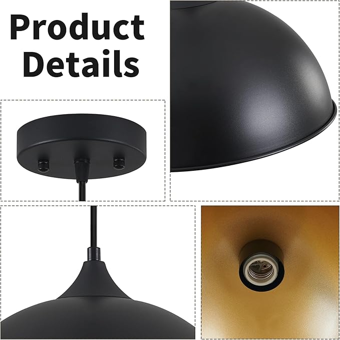 Pendant Lights Kitchen Island, 12" Black and Gold Dome Pendant Light Vintage Industrial Hanging Light Fixtures for Farmhouse Dining Room Restaurant Cafe Entryway