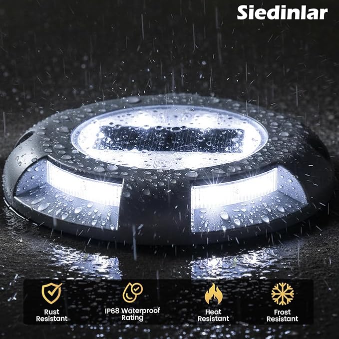 SIEDiNLAR Solar Deck Lights Driveway Dock LED Light Solar Powered Outdoor Waterproof Road Markers for Step Sidewalk Stair Garden Ground Pathway Yard 4 Pack (White)